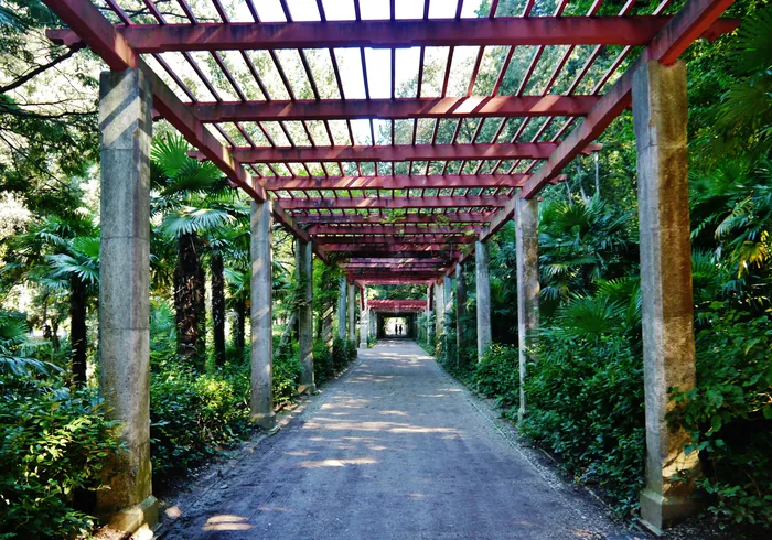 La pergola del parco con le travi rosse e le colonne di pietra, in prospettiva