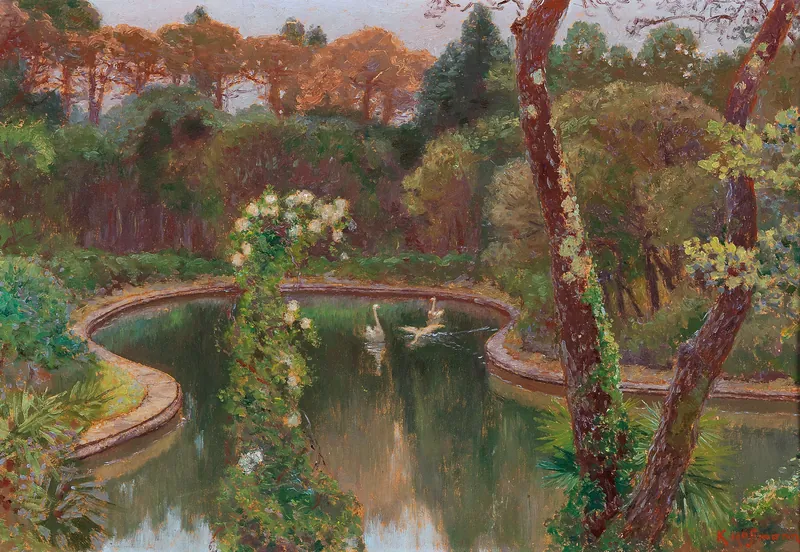 Dipinto di Karl Hofmann con i cigni sul laghetto del parco tra gli alberi autunnali