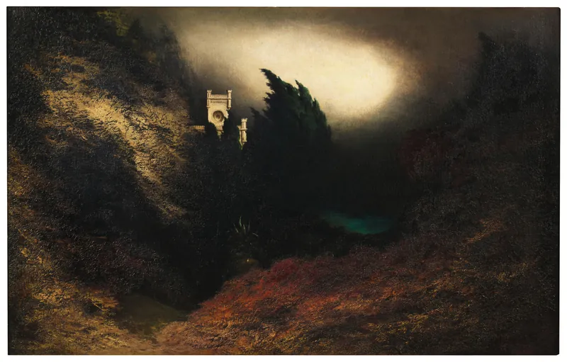 Il castello di Miramare in un dipinto notturno di Karl Wilhelm Diefenbach, piccolo e lontano tra cipressi e nuvole