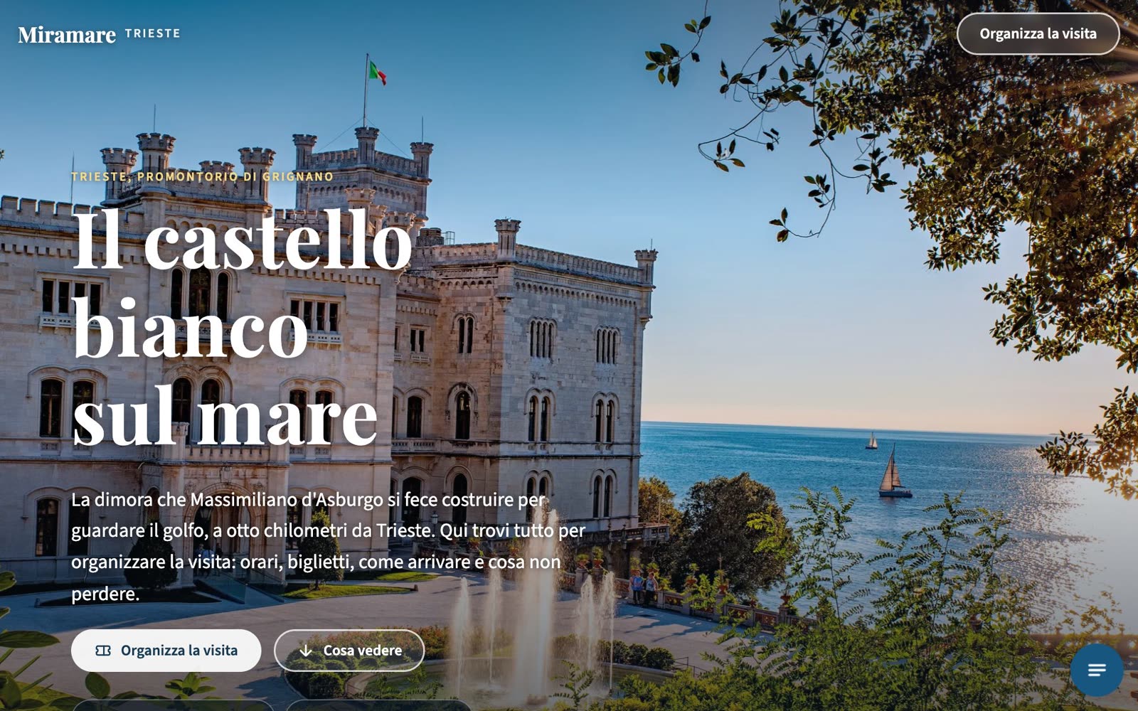 La prima schermata della versione Fable da computer: la foto del castello a tutto schermo, il titolo Il castello bianco sul mare, due bottoni e il menu nell'angolo del pollice