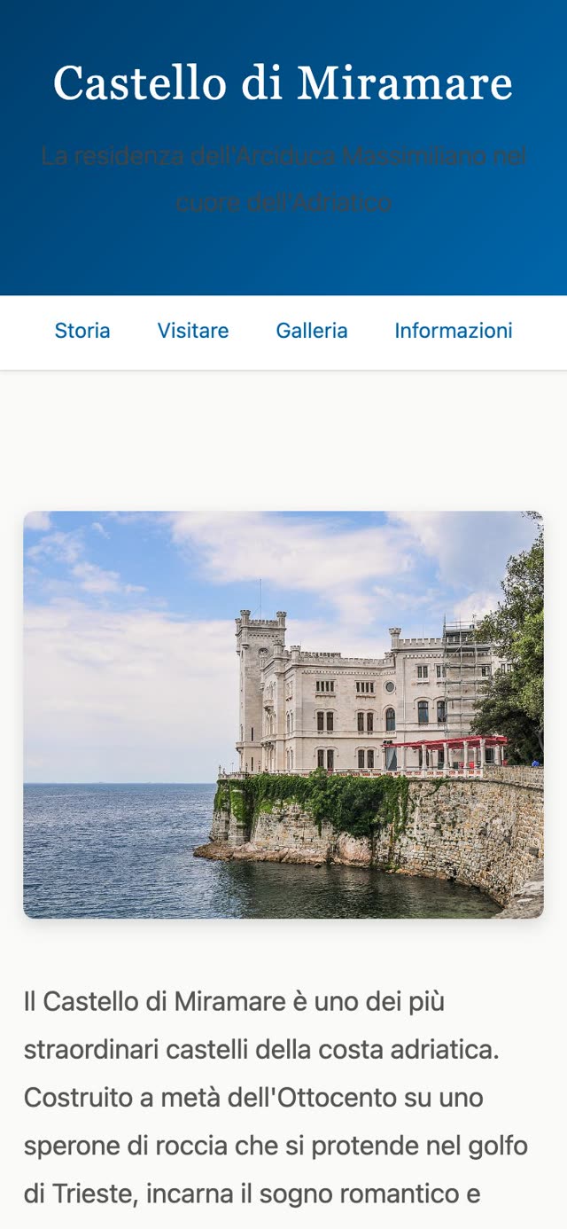La prima schermata della versione Haiku da telefono: la fascia blu col titolo, il sottotitolo illeggibile, il menu e la foto sotto